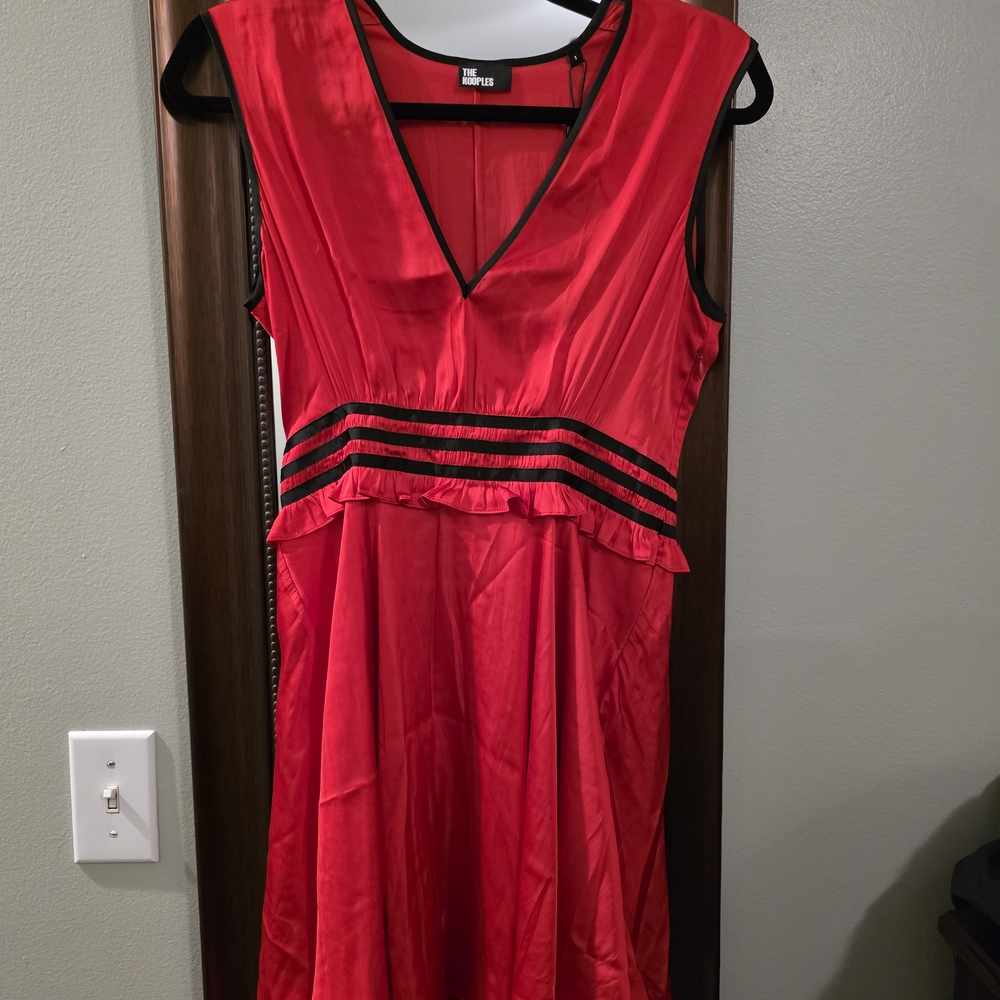 The Kooples Red V-Neck Mini Dress with Black Trim